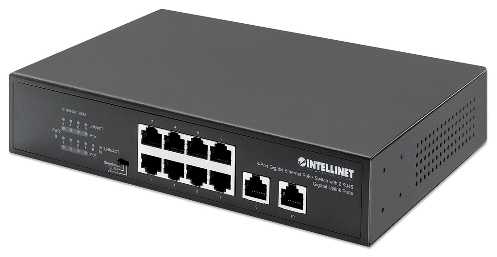 8-Port Gigabit Ethernet PoE+ Switch with 2 RJ45 Gigabit Uplink Ports