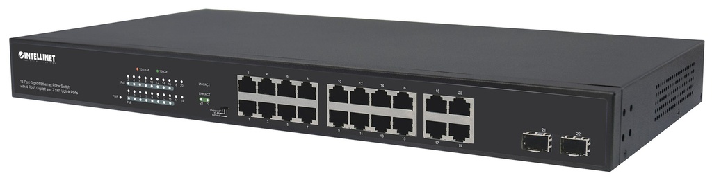 16-Port Gigabit Ethernet PoE+ Switch with 4 RJ45 Gigabit and 2 SFP Uplink Ports