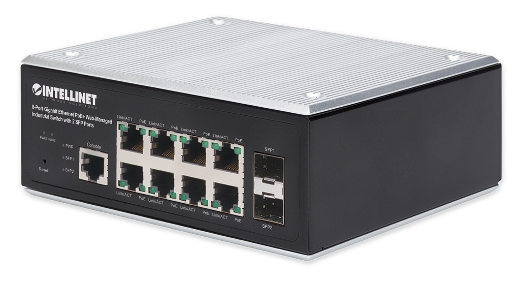 Industrial 8-Port Gigabit Ethernet PoE+ Layer 2+ Web-Managed Switch with 2 SFP Ports