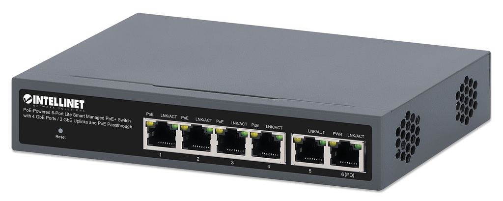 PoE-Powered 6-Port Lite Smart Managed PoE+ Switch with 4 GbE Ports / 2 GbE Uplinks and PoE Passthrough