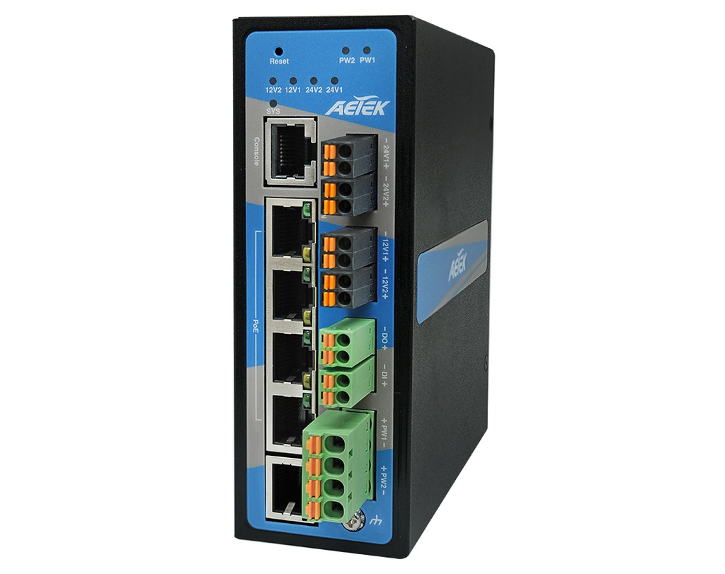 Industrial L2 Managed PRO 4-Port Gigabit PoE+ Switch with 12V/24VDC Output, Digital Input/Output, 12-48VDC Input
