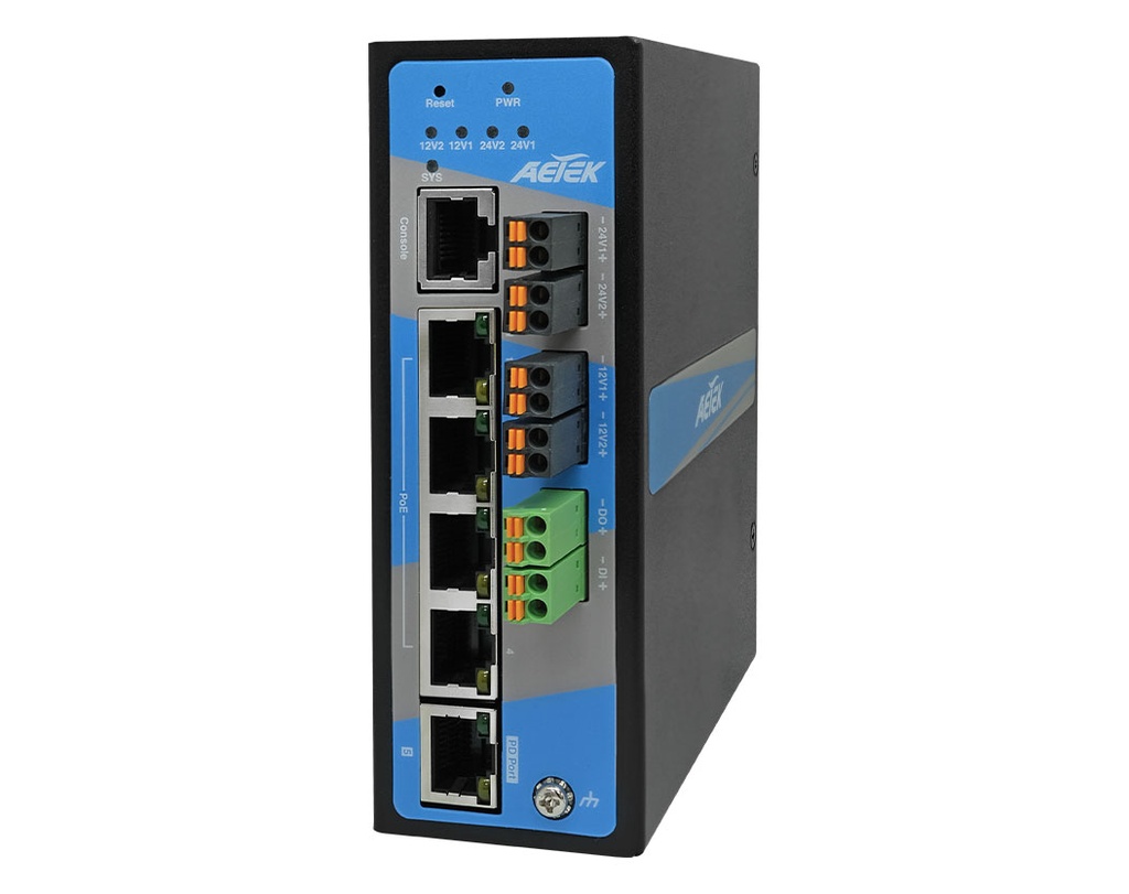 Industrial L2 Managed PRO 4-Port Gigabit PoE+ Passthrough Switch with 12V/24VDC Output, 90W PoE++ Input