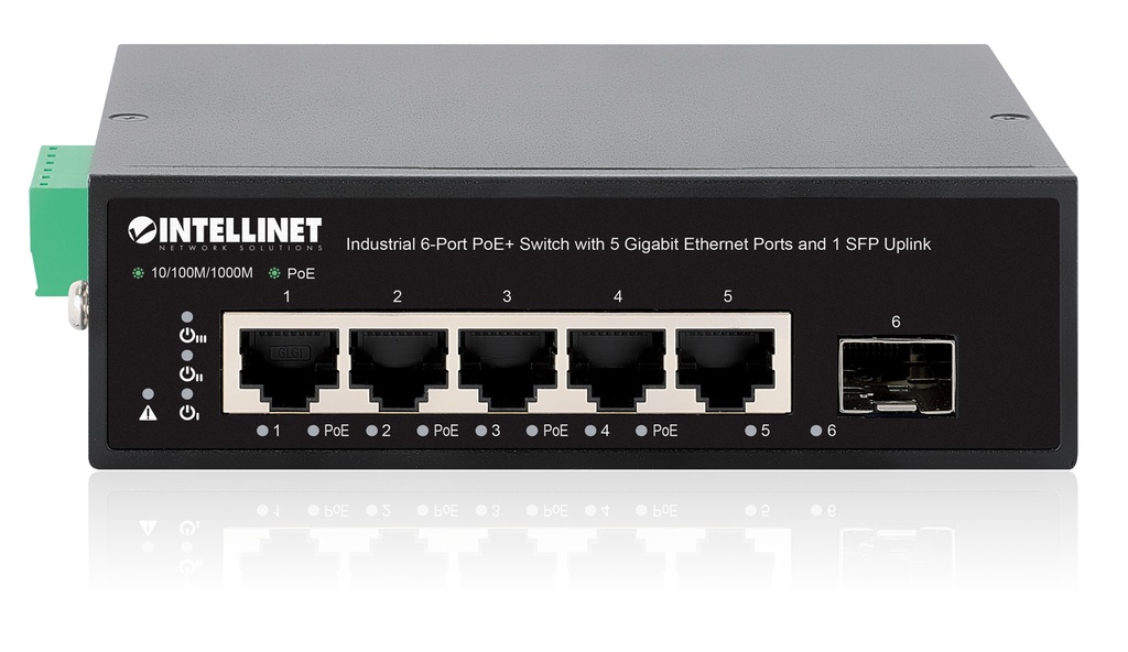 Industrial 6-Port PoE+ Switch with 5 Gigabit Ethernet Ports and 1 SFP Uplink